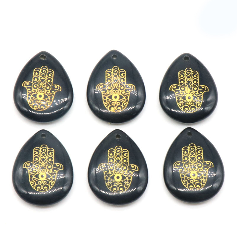 Trendy Natural Stone Engrave Turkish Fatima Hand Pattern Drop Shaped Pendant Necklace Reiki Healing Crystal Jewelry Making