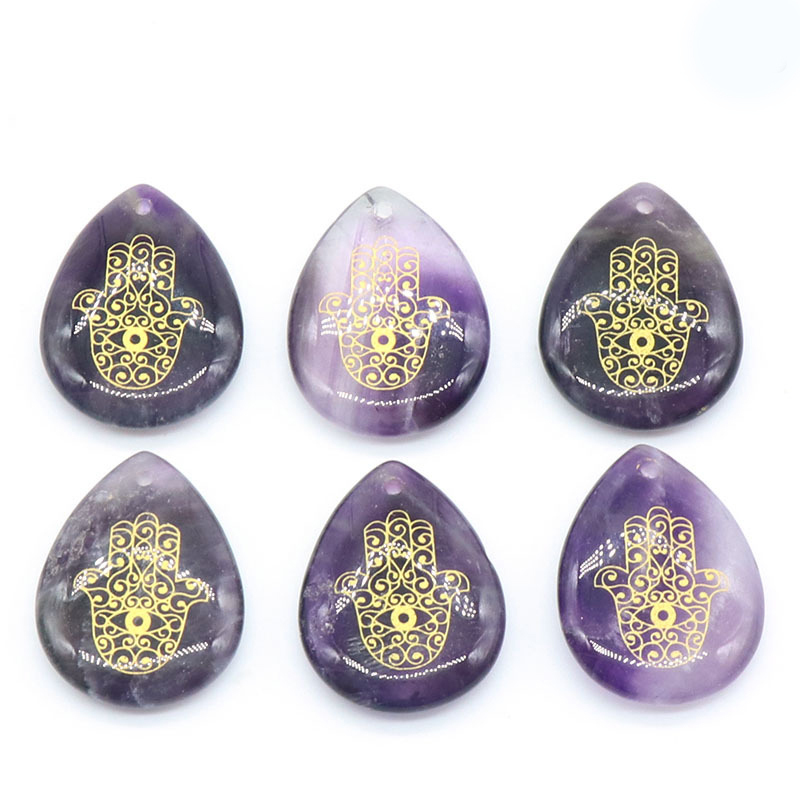 Trendy Natural Stone Engrave Turkish Fatima Hand Pattern Drop Shaped Pendant Necklace Reiki Healing Crystal Jewelry Making