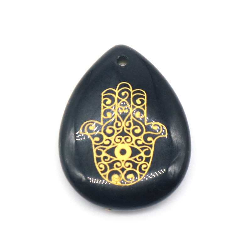 Trendy Natural Stone Engrave Turkish Fatima Hand Pattern Drop Shaped Pendant Necklace Reiki Healing Crystal Jewelry Making