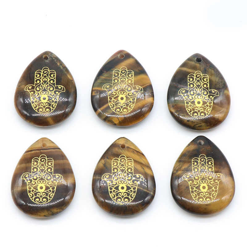 Trendy Natural Stone Engrave Turkish Fatima Hand Pattern Drop Shaped Pendant Necklace Reiki Healing Crystal Jewelry Making
