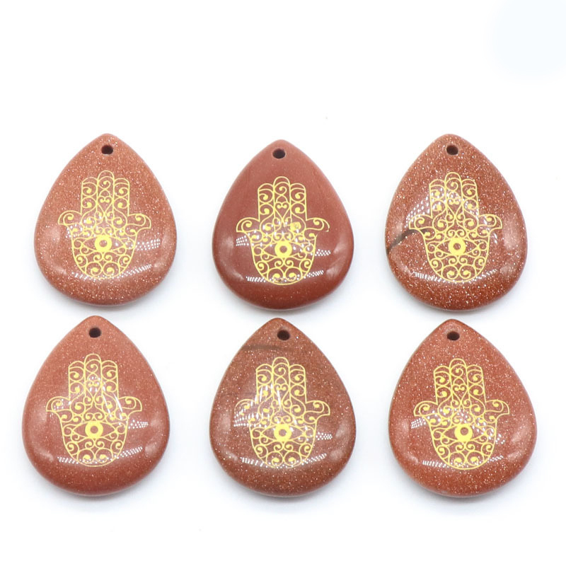 Trendy Natural Stone Engrave Turkish Fatima Hand Pattern Drop Shaped Pendant Necklace Reiki Healing Crystal Jewelry Making