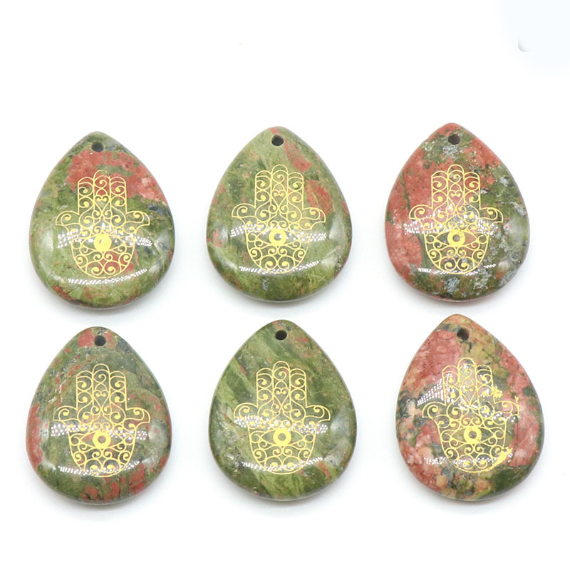 Trendy Natural Stone Engrave Turkish Fatima Hand Pattern Drop Shaped Pendant Necklace Reiki Healing Crystal Jewelry Making