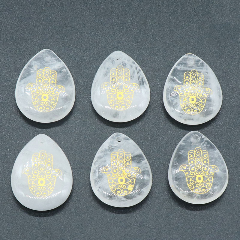 Trendy Natural Stone Engrave Turkish Fatima Hand Pattern Drop Shaped Pendant Necklace Reiki Healing Crystal Jewelry Making