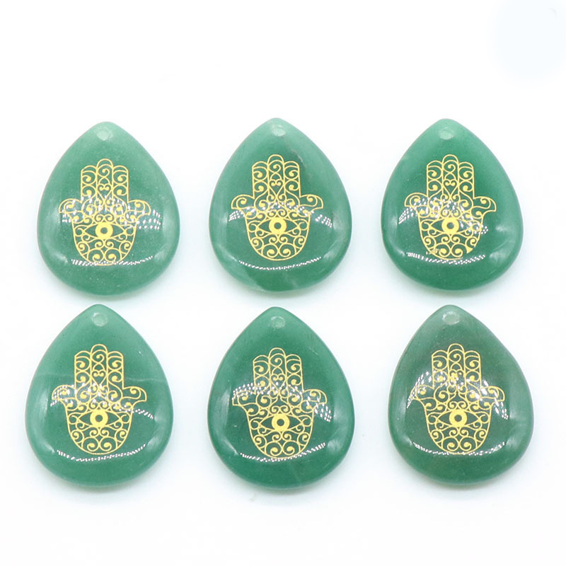 Trendy Natural Stone Engrave Turkish Fatima Hand Pattern Drop Shaped Pendant Necklace Reiki Healing Crystal Jewelry Making