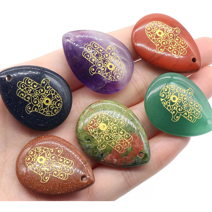 Trendy Natural Stone Engrave Turkish Fatima Hand Pattern Drop Shaped Pendant Necklace Reiki Healing Crystal Jewelry Making