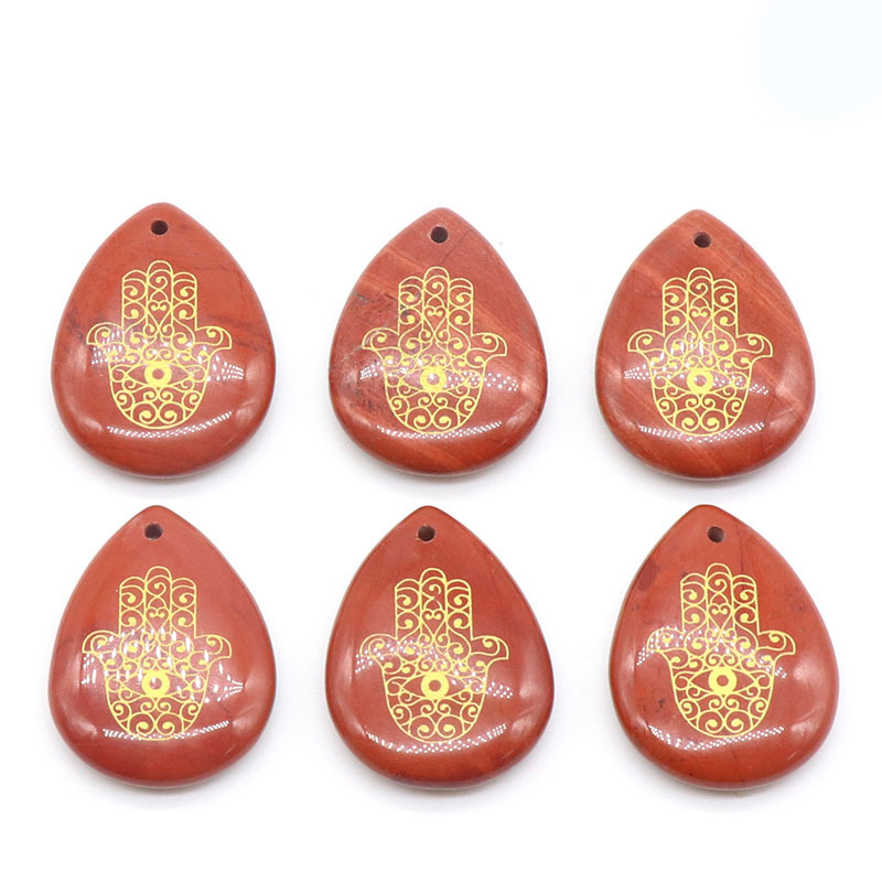 Trendy Natural Stone Engrave Turkish Fatima Hand Pattern Drop Shaped Pendant Necklace Reiki Healing Crystal Jewelry Making