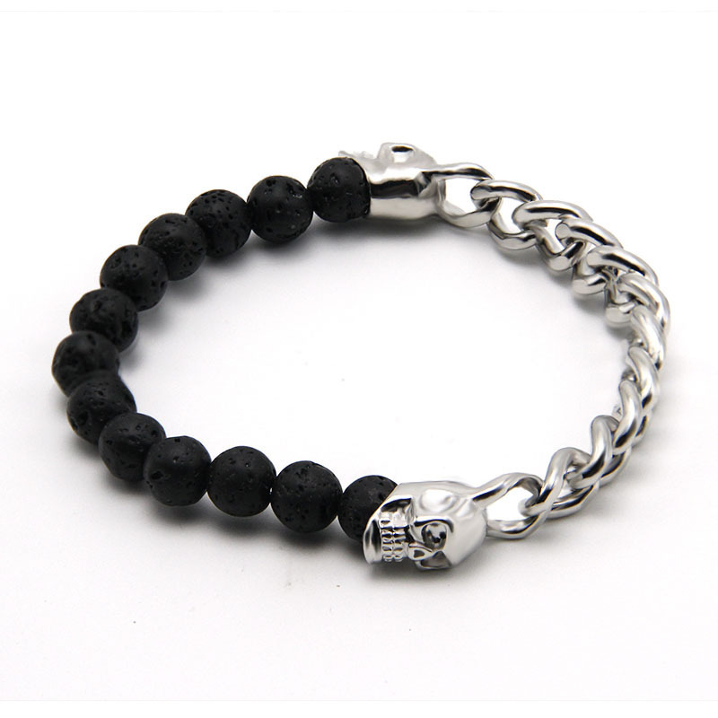 18k Gold Curb Chain Link Bracelet In Stainless Steel Black Lava Stone And Skull Bead Elastic Bracelet Wholesale Beading Bracelets