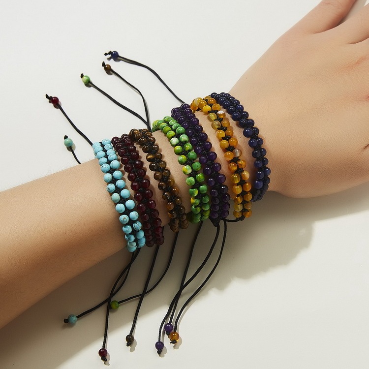 4mm Woven Beads Bracelet Resin Amber Colorful Natural Turquoise Stone Black Rope Woven Adjustable Bracelets