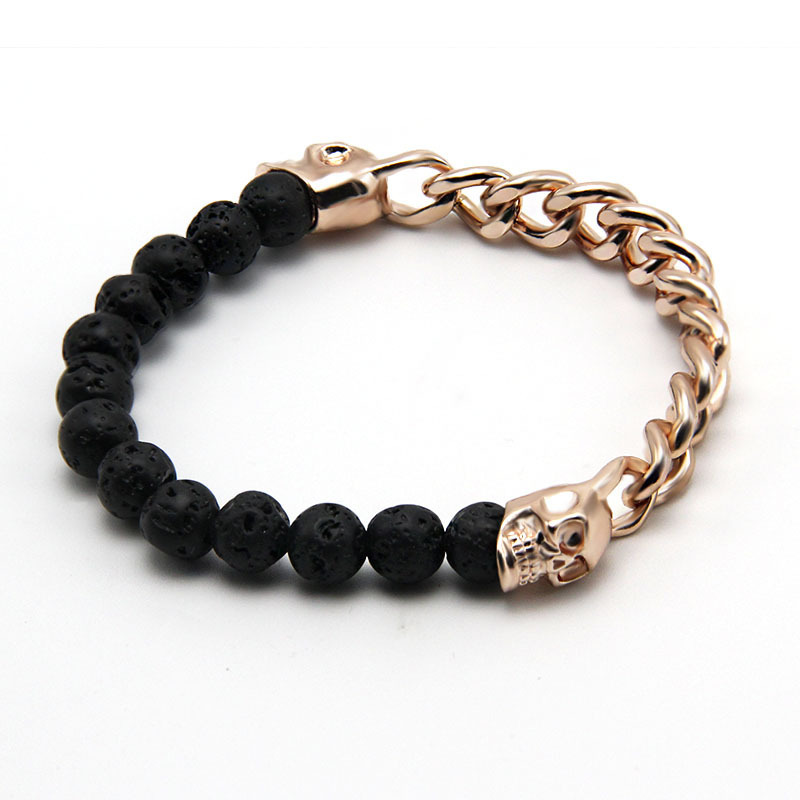 18k Gold Curb Chain Link Bracelet In Stainless Steel Black Lava Stone And Skull Bead Elastic Bracelet Wholesale Beading Bracelets