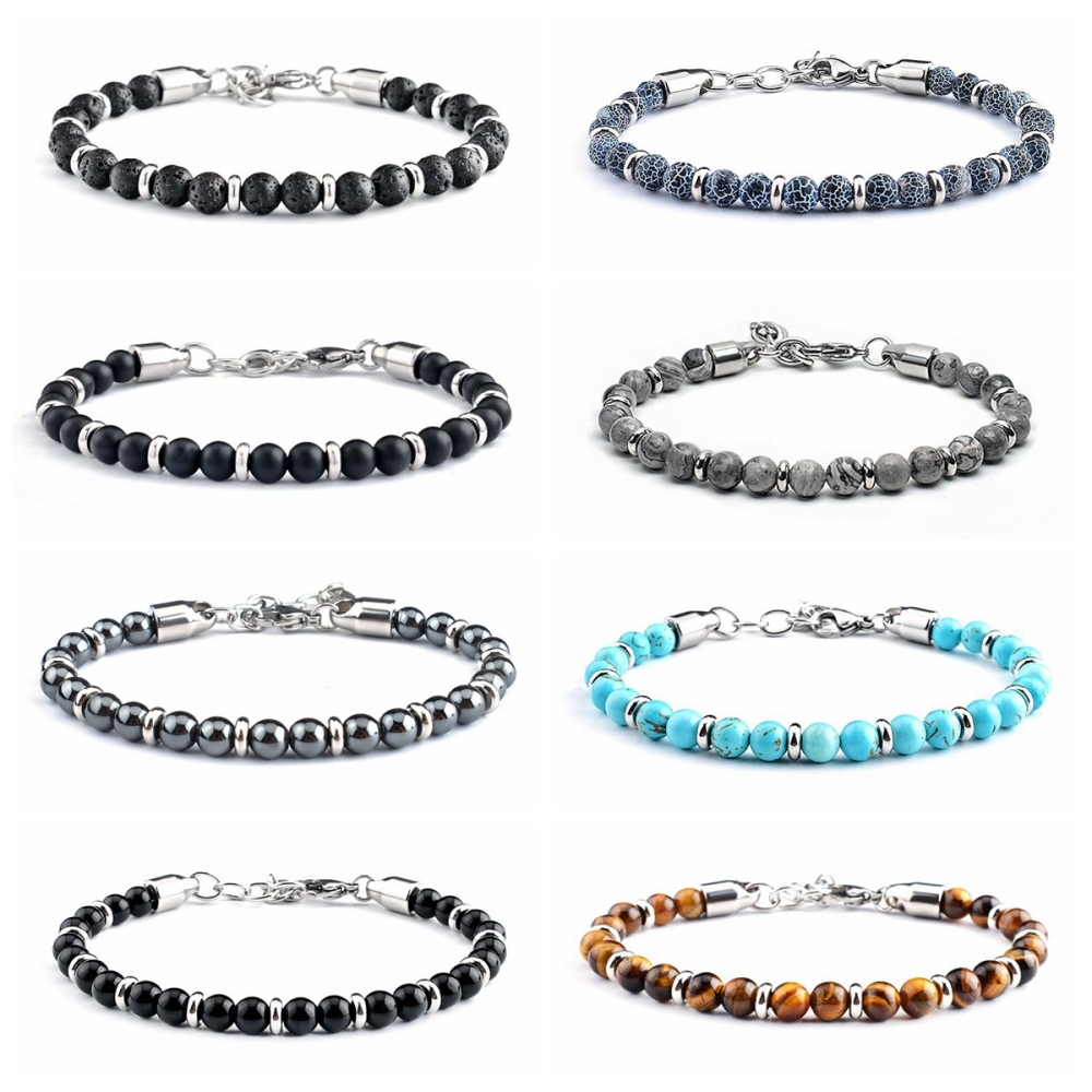 Natural Gemstone 6mm Beads and Stainless Steel Bracelets for Men Women Weathered Agate Map Stone Beaded Bracelet
