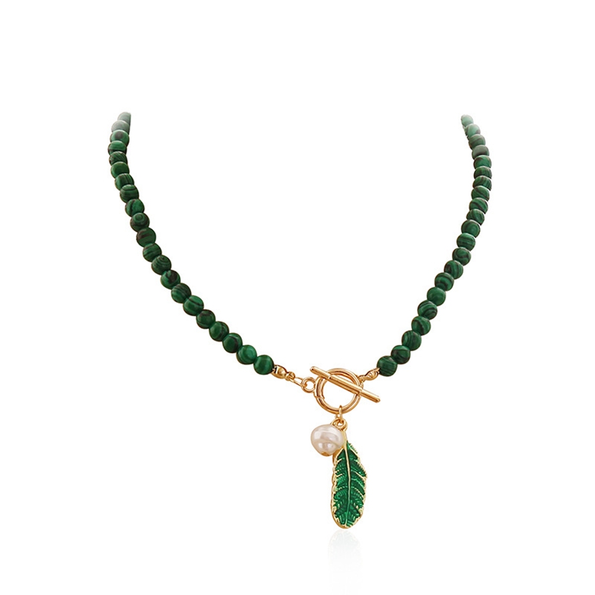 Women's Malachite Short Necklace Pearl Monolayer Clavicular Chain Brief Leaves & Pearls Dripping Oil Necklaces