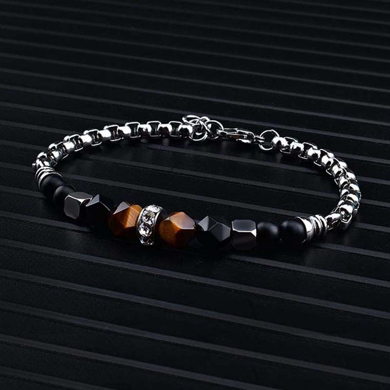 Natural Stone Beaded Bracelets Adjustable Chain Silver Stainless Steel Bracelet Tiger's Eye Bracelet For Men Jewelry Gift