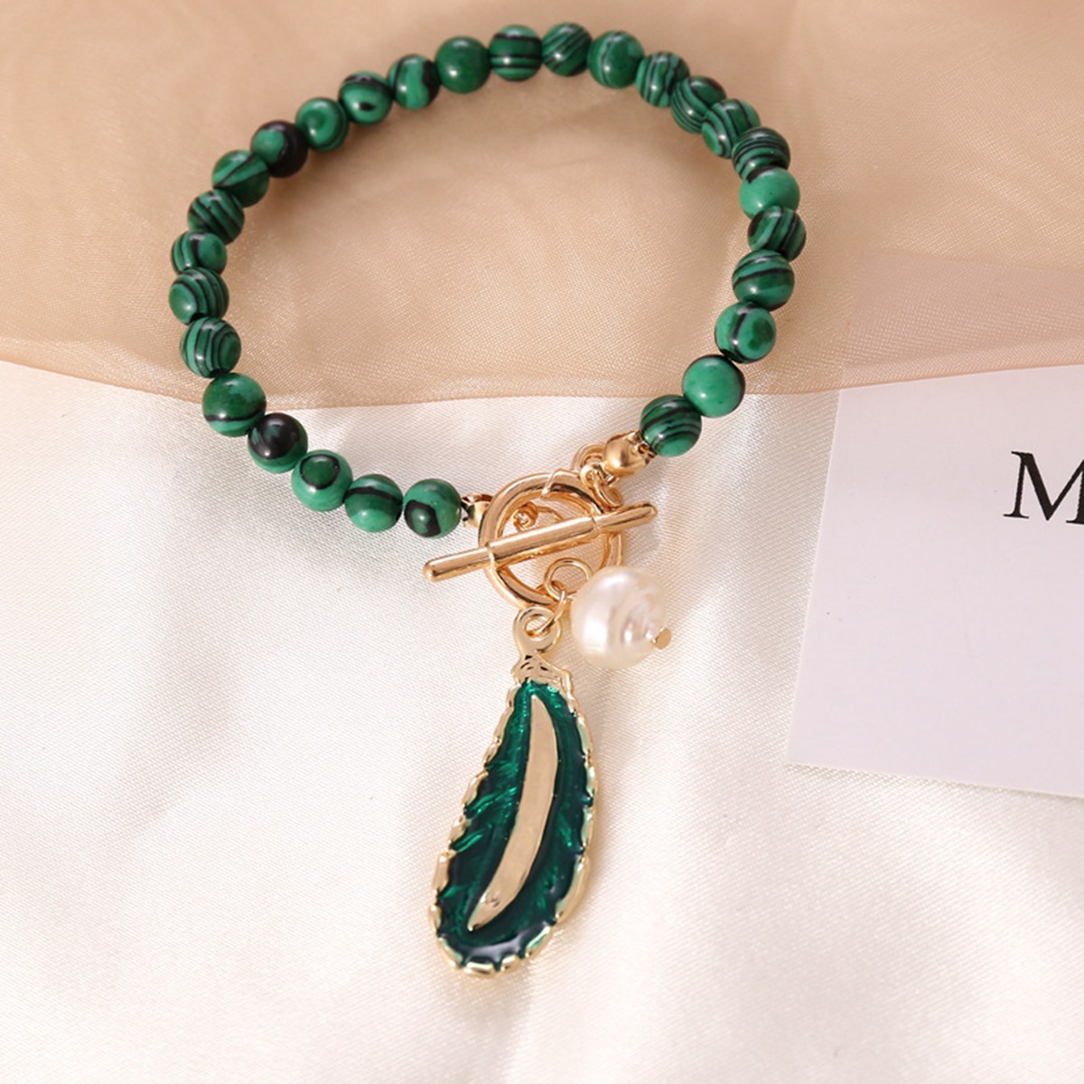 Women's Malachite Short Necklace Pearl Monolayer Clavicular Chain Brief Leaves & Pearls Dripping Oil Necklaces