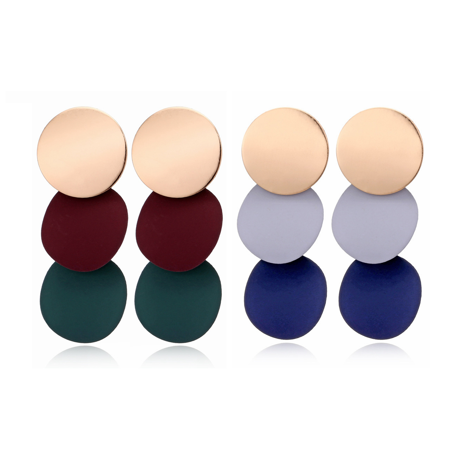 Round Button Dangle Stud Earrings - Triple Gold Blue Acrylic Matte Paint Curved Discs Drop Jewelry Gift for Women