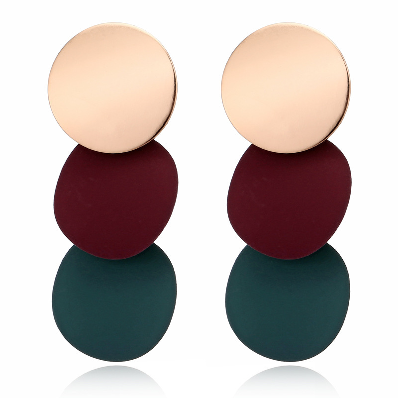 Round Button Dangle Stud Earrings - Triple Gold Blue Acrylic Matte Paint Curved Discs Drop Jewelry Gift for Women