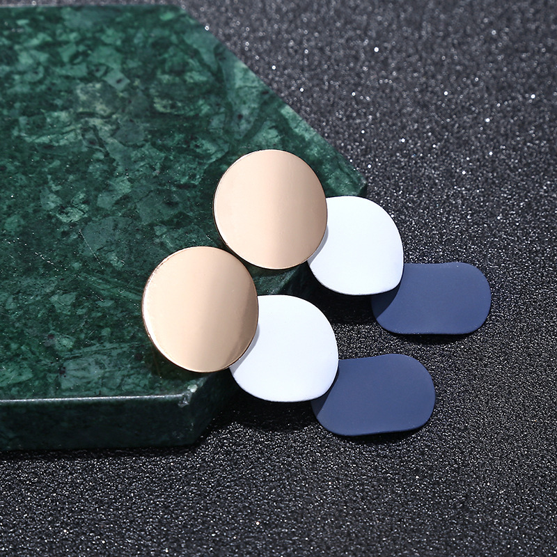 Round Button Dangle Stud Earrings - Triple Gold Blue Acrylic Matte Paint Curved Discs Drop Jewelry Gift for Women