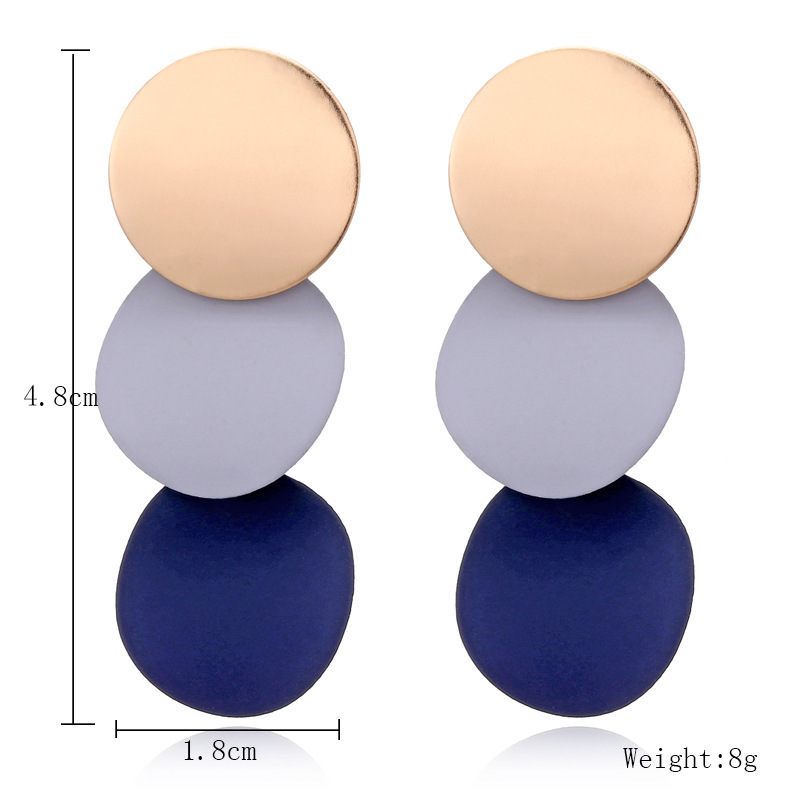 Round Button Dangle Stud Earrings - Triple Gold Blue Acrylic Matte Paint Curved Discs Drop Jewelry Gift for Women