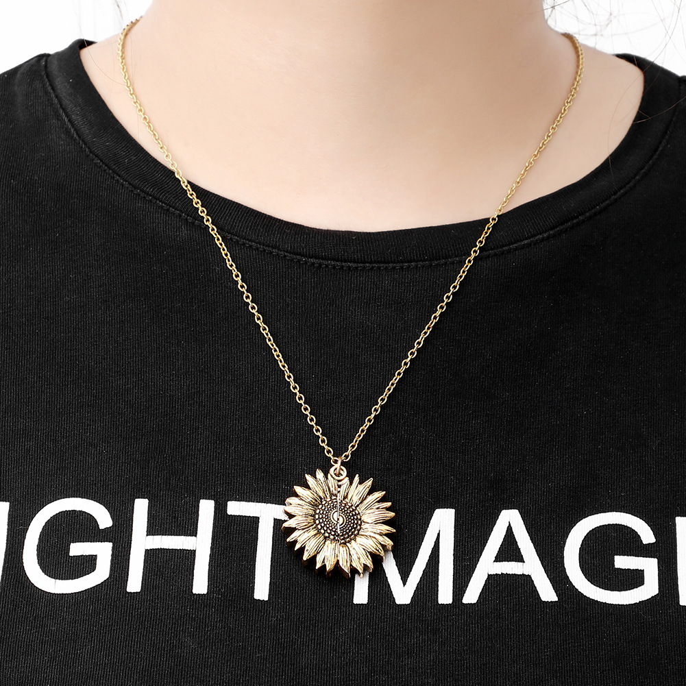 Sunflower multilayer can open lettering necklace love round flower pendant woman fashion jewelry