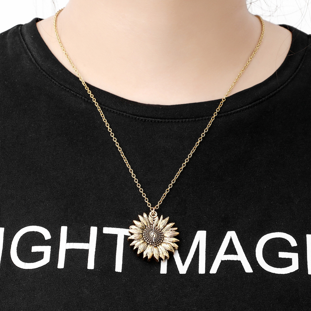 Sunflower multilayer can open lettering necklace love round flower pendant woman fashion jewelry