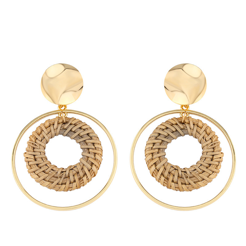Women's Dangle chandelier rattan Earrings girls' handmade bamboo woven pendant type lightweight geometric pattern