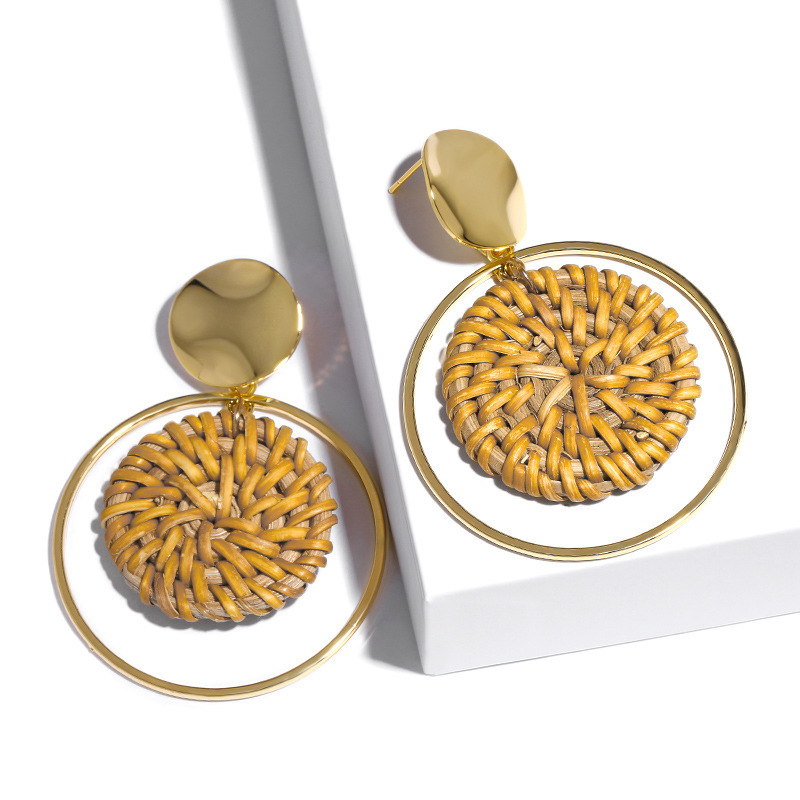 Women's Dangle chandelier rattan Earrings girls' handmade bamboo woven pendant type lightweight geometric pattern