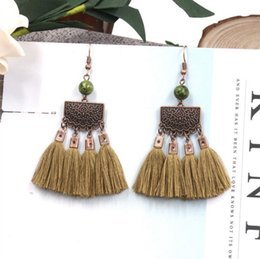 Women dangle chandelier tassel Pendant Earrings fashion retro Bohemian national style metal brand wool wheat natural agate jewelry stud