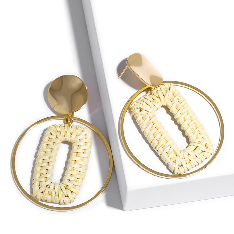 Women's Dangle chandelier rattan Earrings girls' handmade bamboo woven pendant type lightweight geometric pattern
