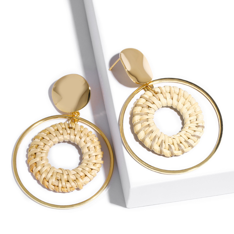 Women's Dangle chandelier rattan Earrings girls' handmade bamboo woven pendant type lightweight geometric pattern