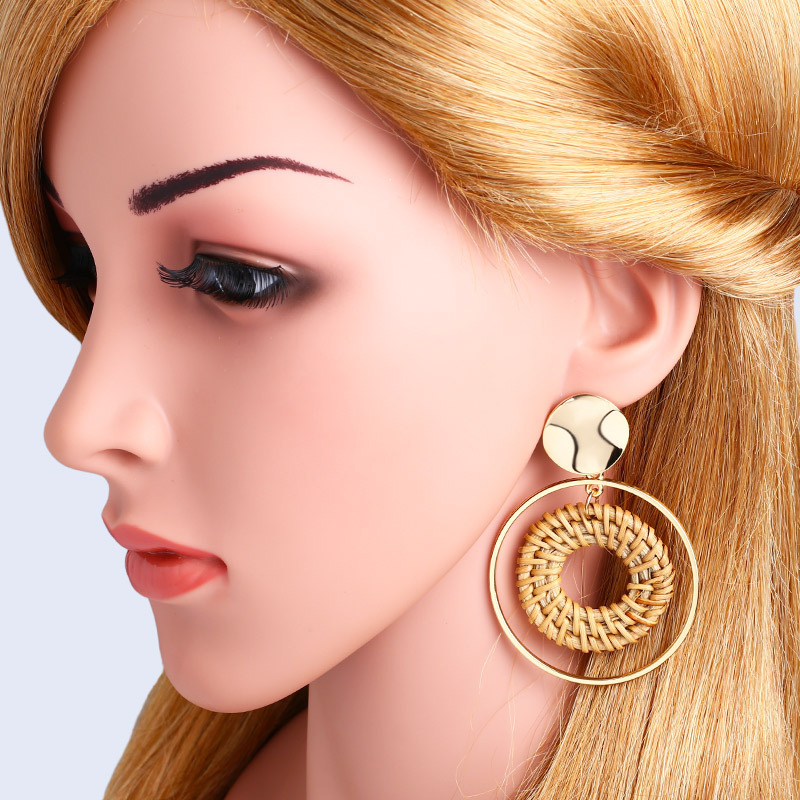 Women's Dangle chandelier rattan Earrings girls' handmade bamboo woven pendant type lightweight geometric pattern