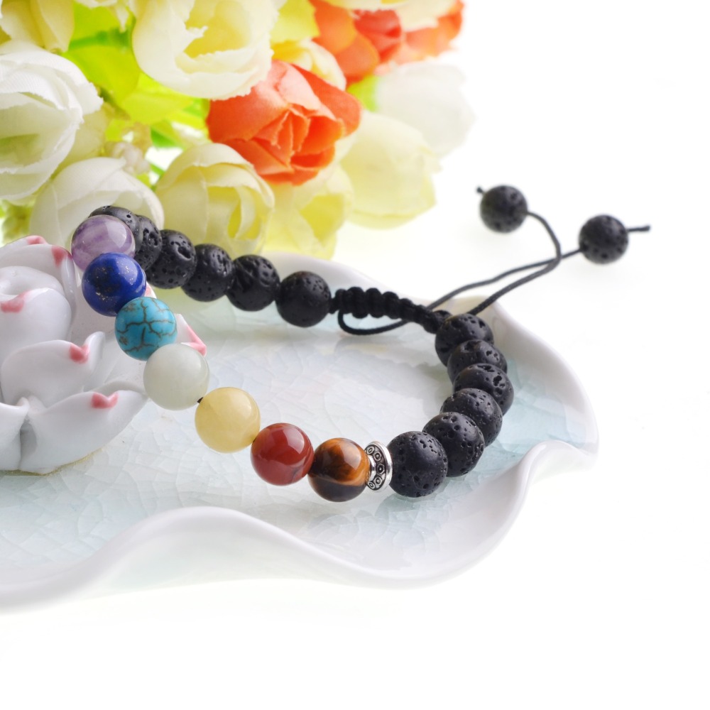 7 Chakra Bracelet Lava Rock Diffuser Bracelet Elastic Adjustable Essential Oil 7 Chakra Beads Energy Bracelet Men's / Women's 8mm