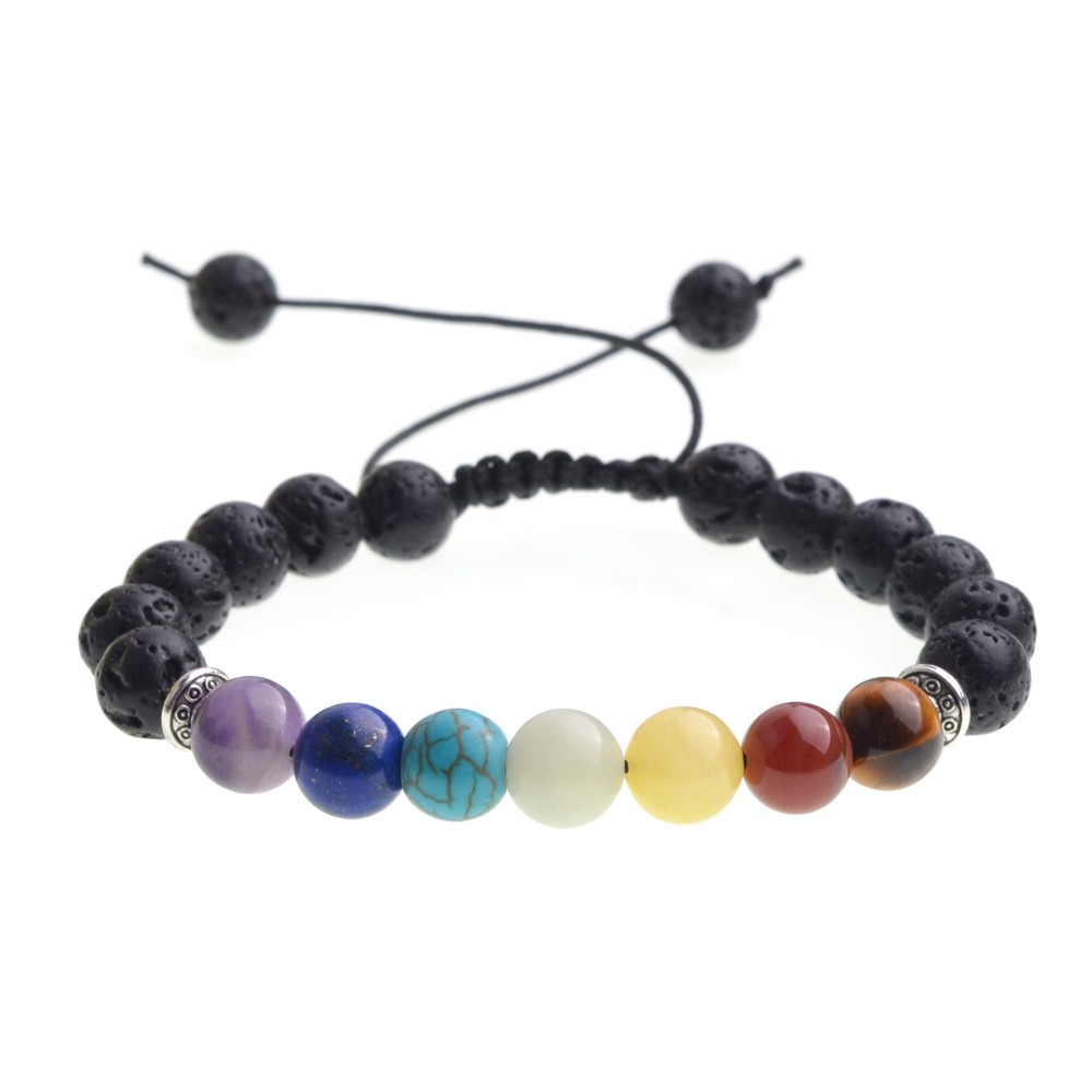 7 Chakra Bracelet Lava Rock Diffuser Bracelet Elastic Adjustable Essential Oil 7 Chakra Beads Energy Bracelet Men's / Women's 8mm
