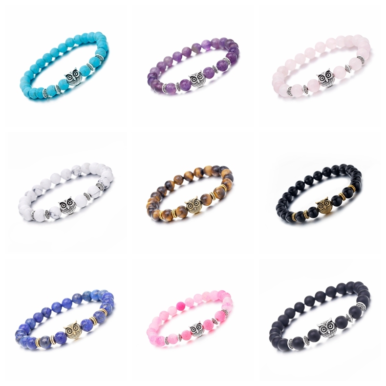 Inner Peace Heart Healing Amethyst Stone Owl beaded strands Hand Bracelet 8MM Energy Beads Purple Gemstone Silver For Women and men