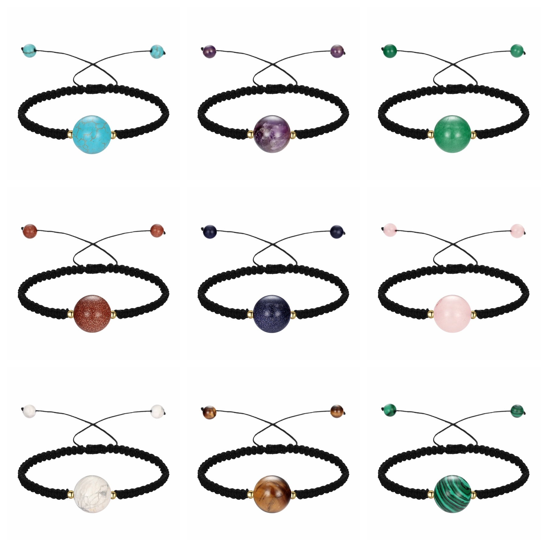 12mm Men Women Hand-Woven strands Beaded Lucky Chinese Knot Adjustable Rope Bracelets Natural Stone Black Onyx Ball Beads Braid Handmade Feng Shui