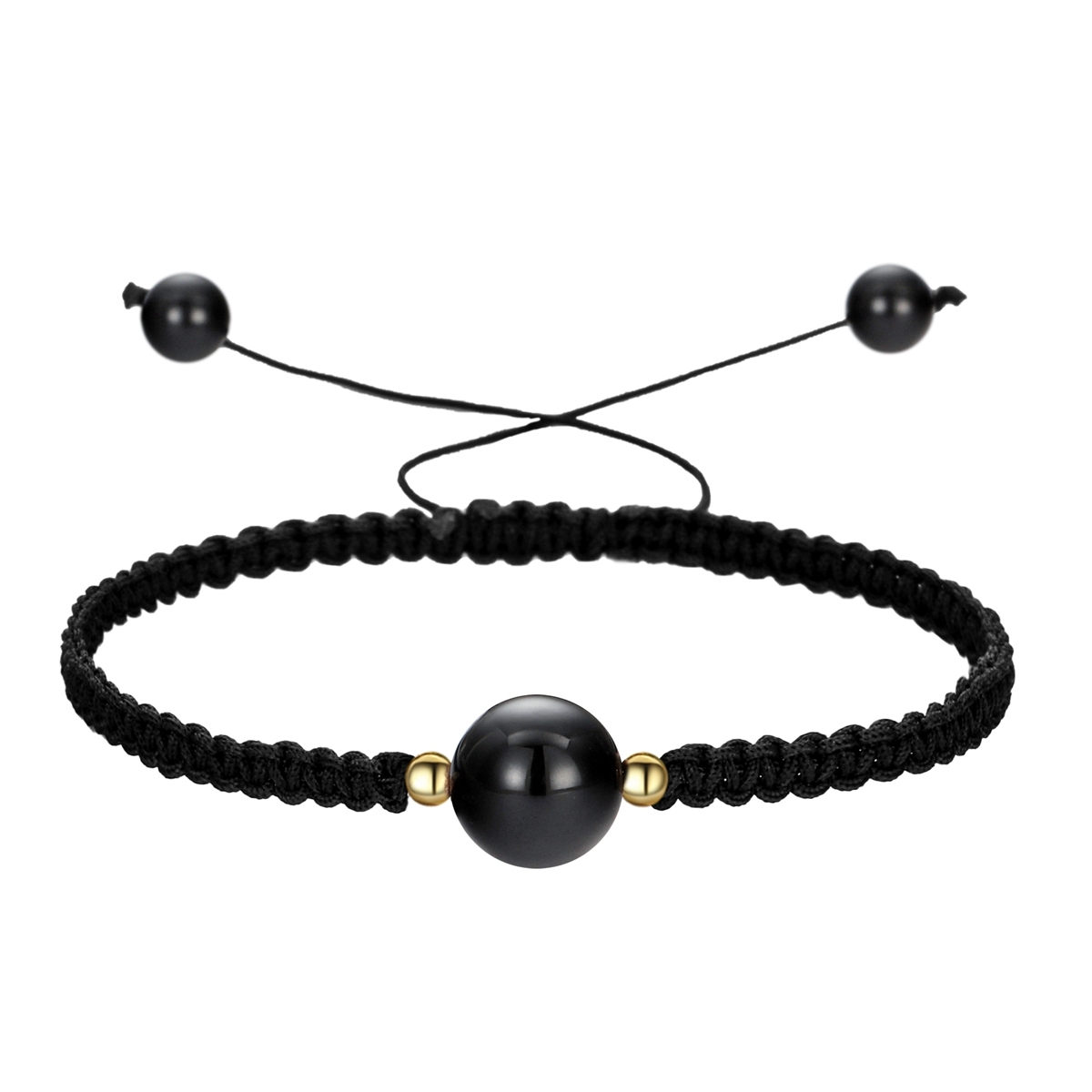 12mm Men Women Hand-Woven strands Beaded Lucky Chinese Knot Adjustable Rope Bracelets Natural Stone Black Onyx Ball Beads Braid Handmade Feng Shui