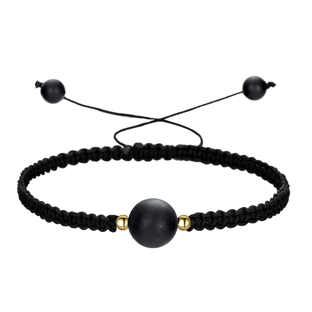 14mm Men Women Hand-Woven strands Beaded Lucky Chinese Knot Adjustable Rope Bracelets Natural Stone Black Onyx Ball Beads Braid Handmade Feng Shui