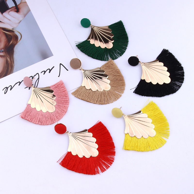 Wedding tassel earrings, bohemian fan tassel alloy hanging ladies bridesmaid stainless steel earrings