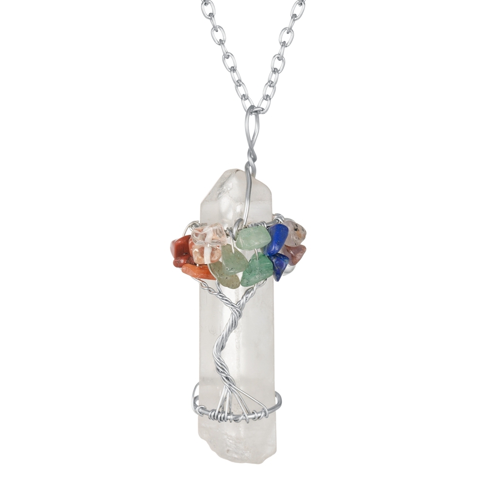 Chakra Gemstone Tree of Life Wire Wrapped Natural Clear Quartz Healing Crystal Point Pendant Necklace Mother's Day Gift