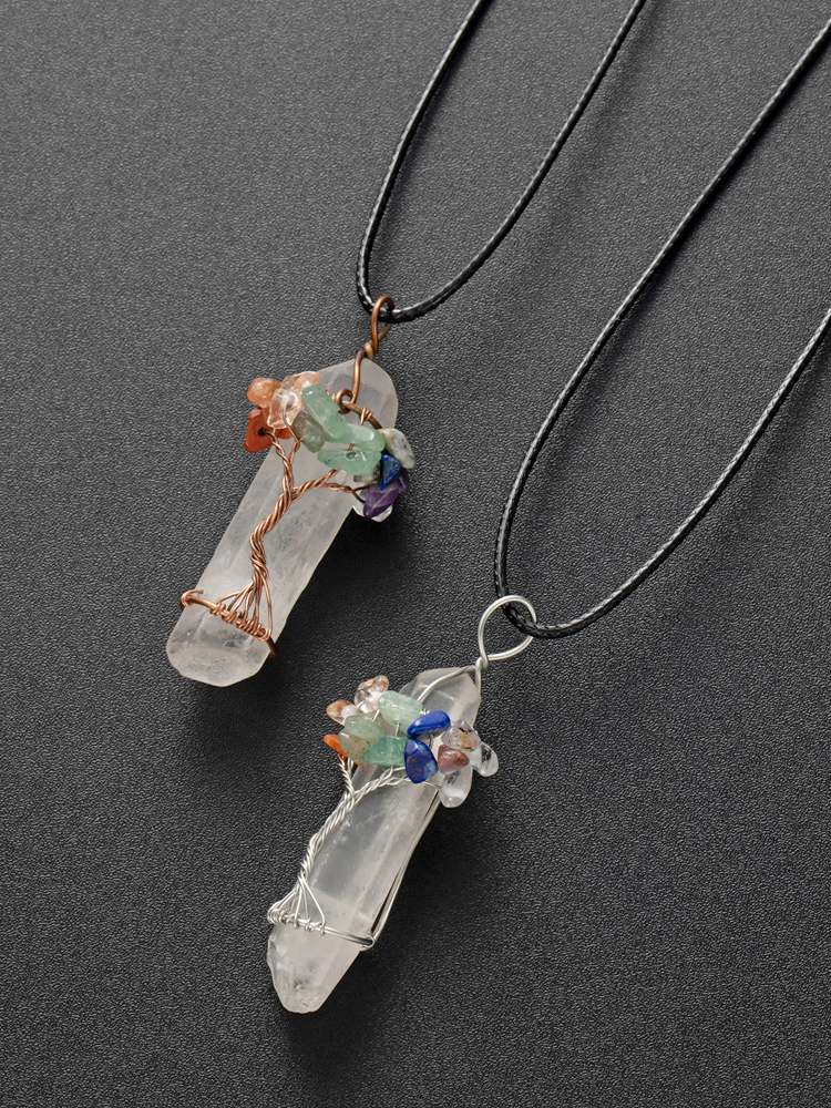 Chakra Gemstone Tree of Life Wire Wrapped Natural Clear Quartz Healing Crystal Point Pendant Necklace Mother's Day Gift