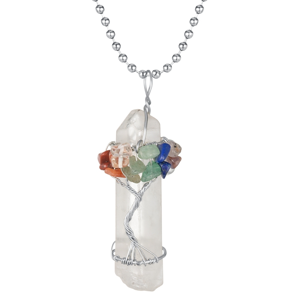Chakra Gemstone Tree of Life Wire Wrapped Natural Clear Quartz Healing Crystal Point Pendant Necklace Mother's Day Gift