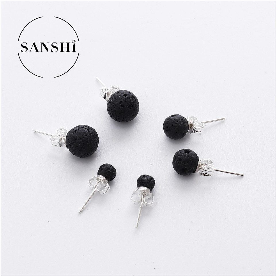 Fashion Punk Rock Essential Oil Diffuser Round Ball Earrings Studs Natural Black Lava Stones Stud Earring