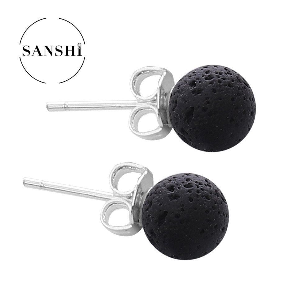 Fashion Punk Rock Essential Oil Diffuser Round Ball Earrings Studs Natural Black Lava Stones Stud Earring