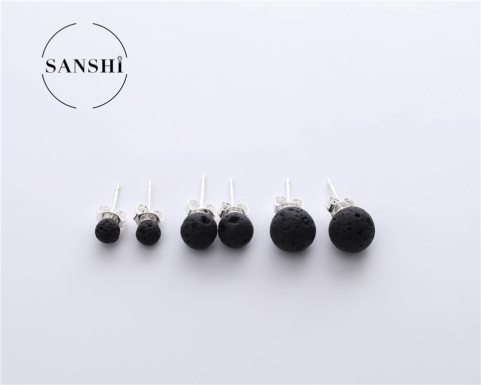 Fashion Punk Rock Essential Oil Diffuser Round Ball Earrings Studs Natural Black Lava Stones Stud Earring