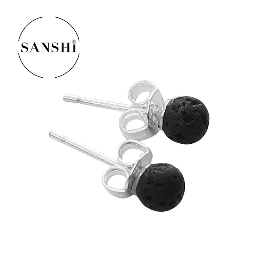 Fashion Punk Rock Essential Oil Diffuser Round Ball Earrings Studs Natural Black Lava Stones Stud Earring