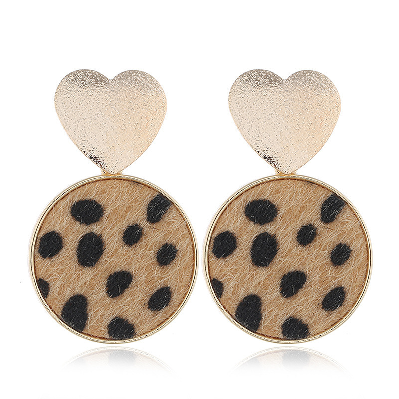 Wholesale Imitation Horsehair Leopard Print Leather Patch Earring Alloy Gold Heart Earrings 3 Colors Options