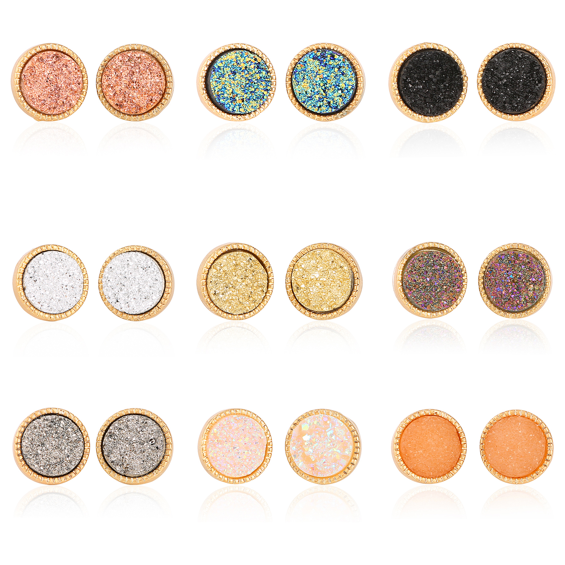 9 Color Pretty Cute Druzy Crystal Round Stud Earrings Set for Women Girl Fashion Delicate Pierced Jewelry