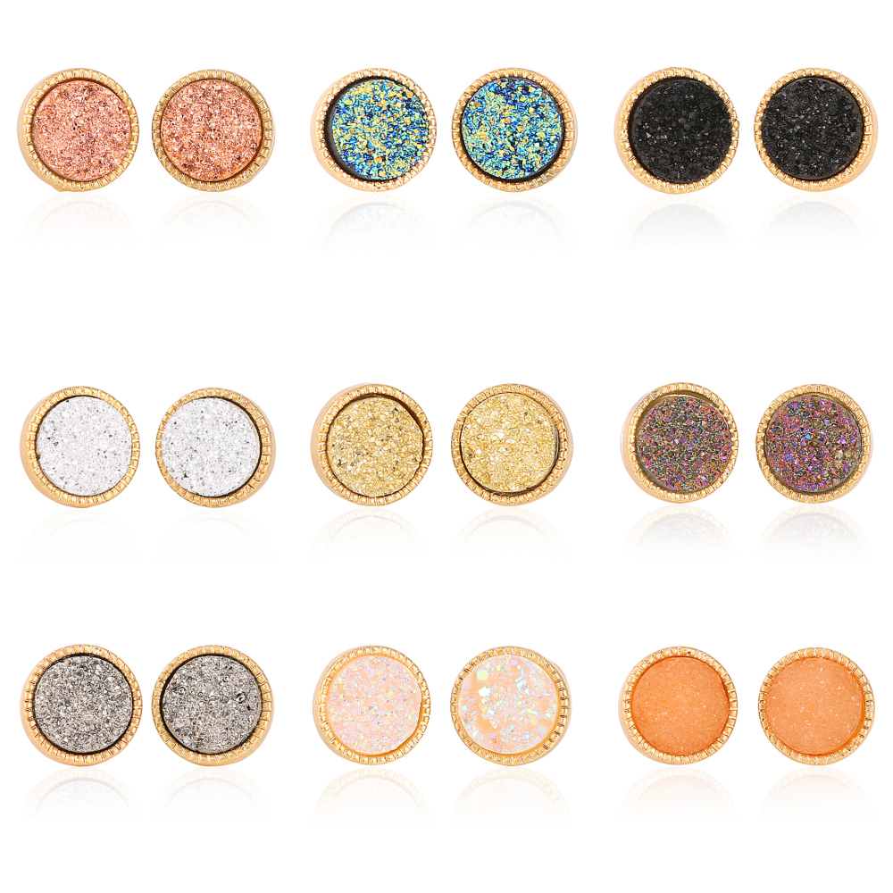 9 Color Pretty Cute Druzy Crystal Round Stud Earrings Set for Women Girl Fashion Delicate Pierced Jewelry
