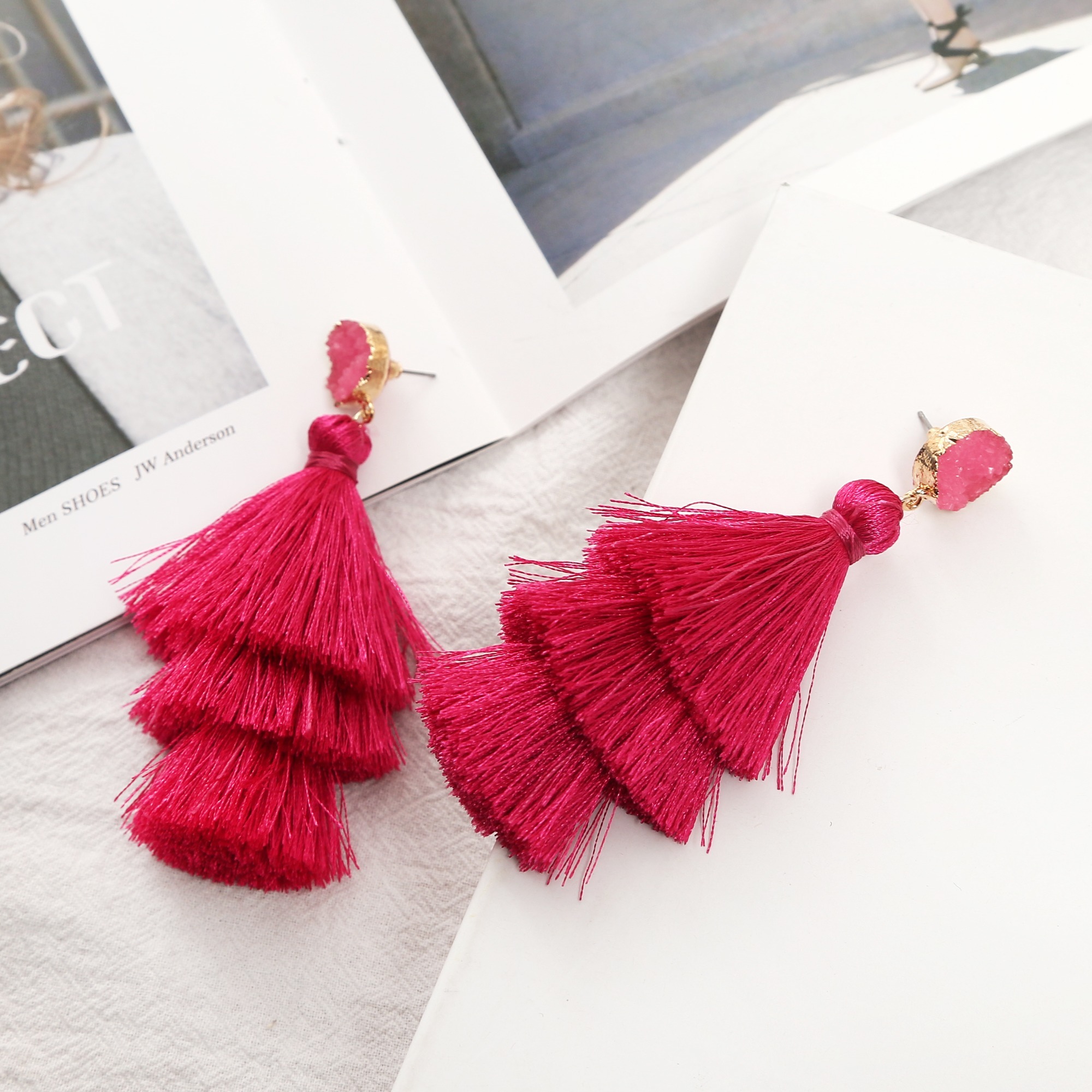 Color layered fringe ear hook earrings bohemian pendant lady girl layered tassel earrings ladies gift