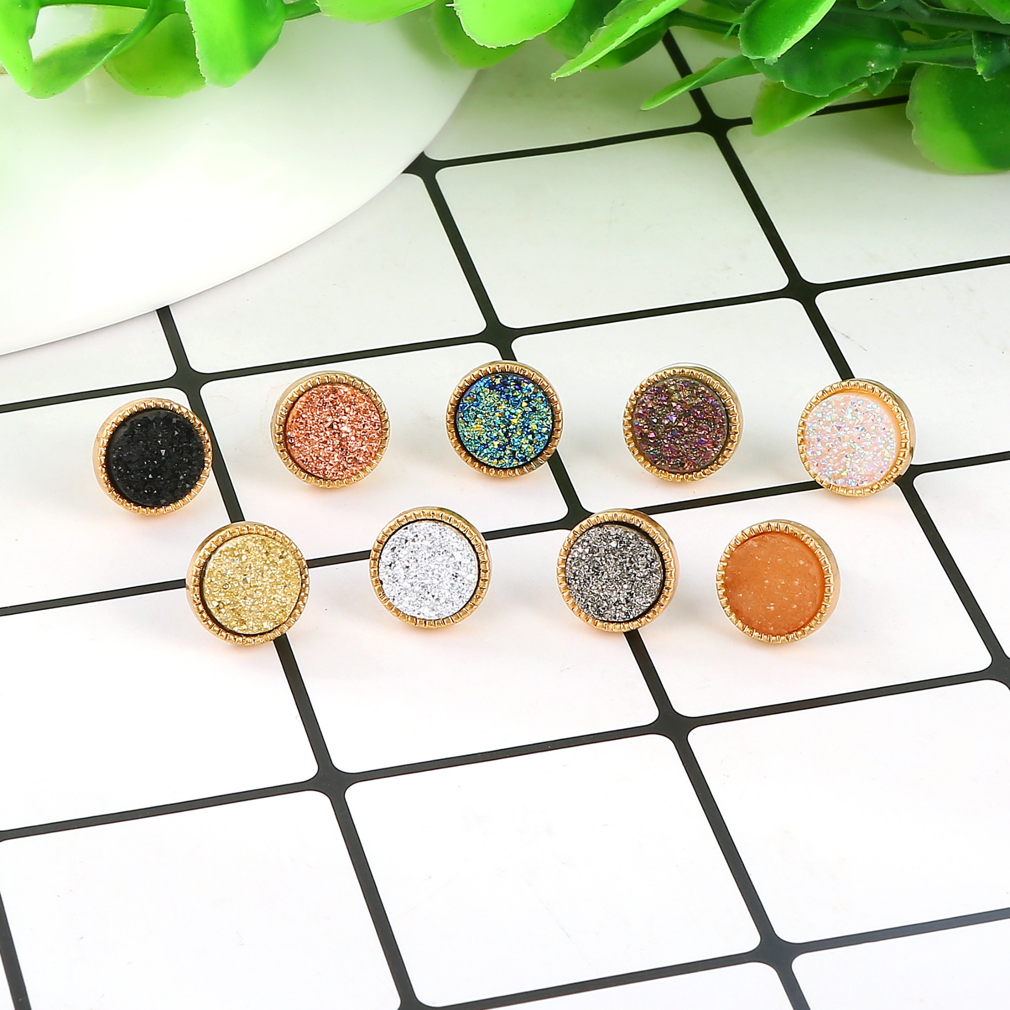 9 Color Pretty Cute Druzy Crystal Round Stud Earrings Set for Women Girl Fashion Delicate Pierced Jewelry