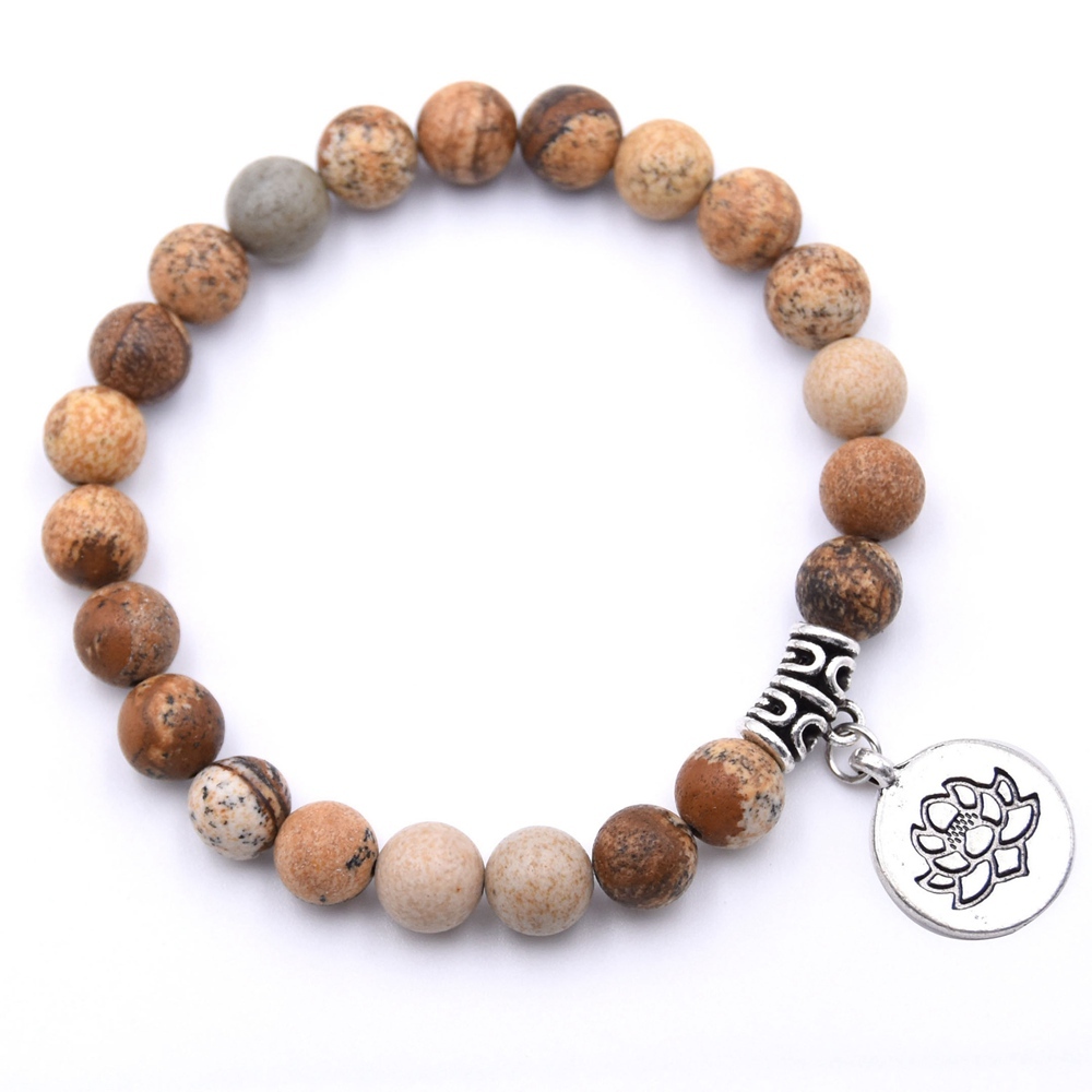 Natural Gemstone Beaded Stretch Bracelet with Silver Lotus Charms Pendant 8mm Stone Protection Healing Crystal Stretch Beaded