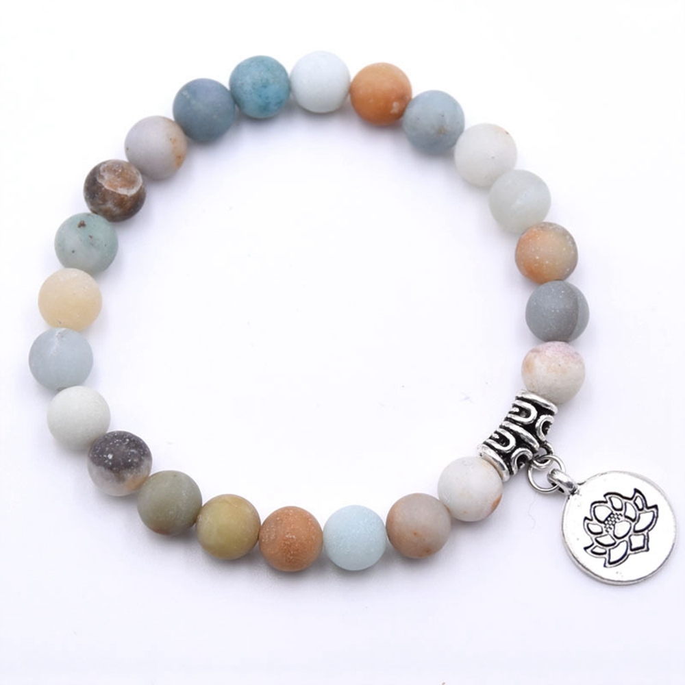 Natural Gemstone Beaded Stretch Bracelet with Silver Lotus Charms Pendant 8mm Stone Protection Healing Crystal Stretch Beaded